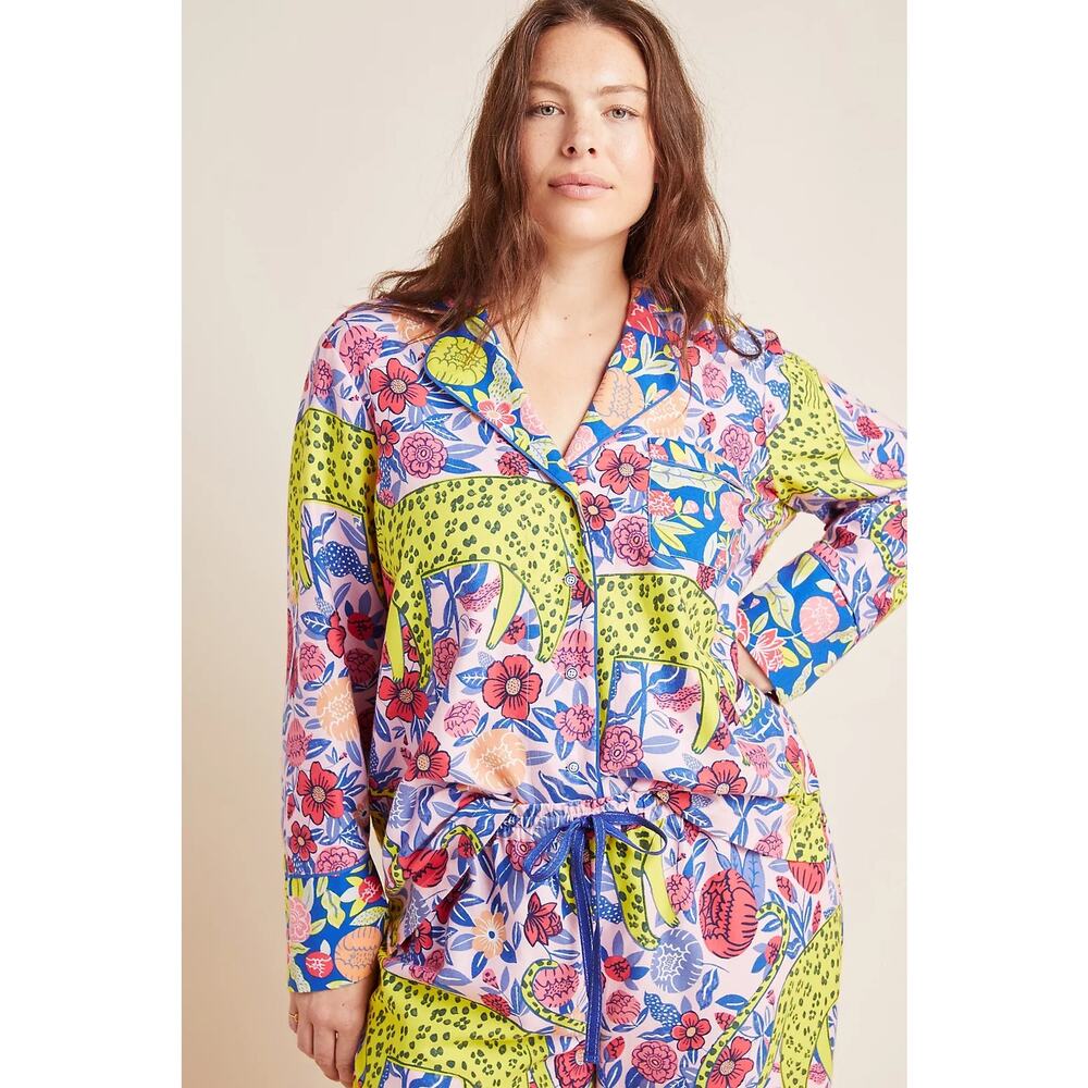 Anthropologie Agathe Singer Cheetah Flannel Sleep Shirt sz 1X Cozy Front Pocket